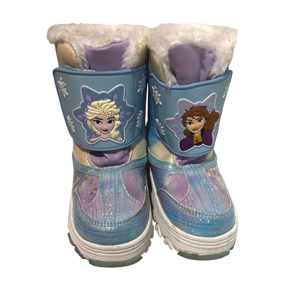 Disney Frozen Anna Elsa Blue Purple Glitter Faux Fur Snow Boots Girls Size 10